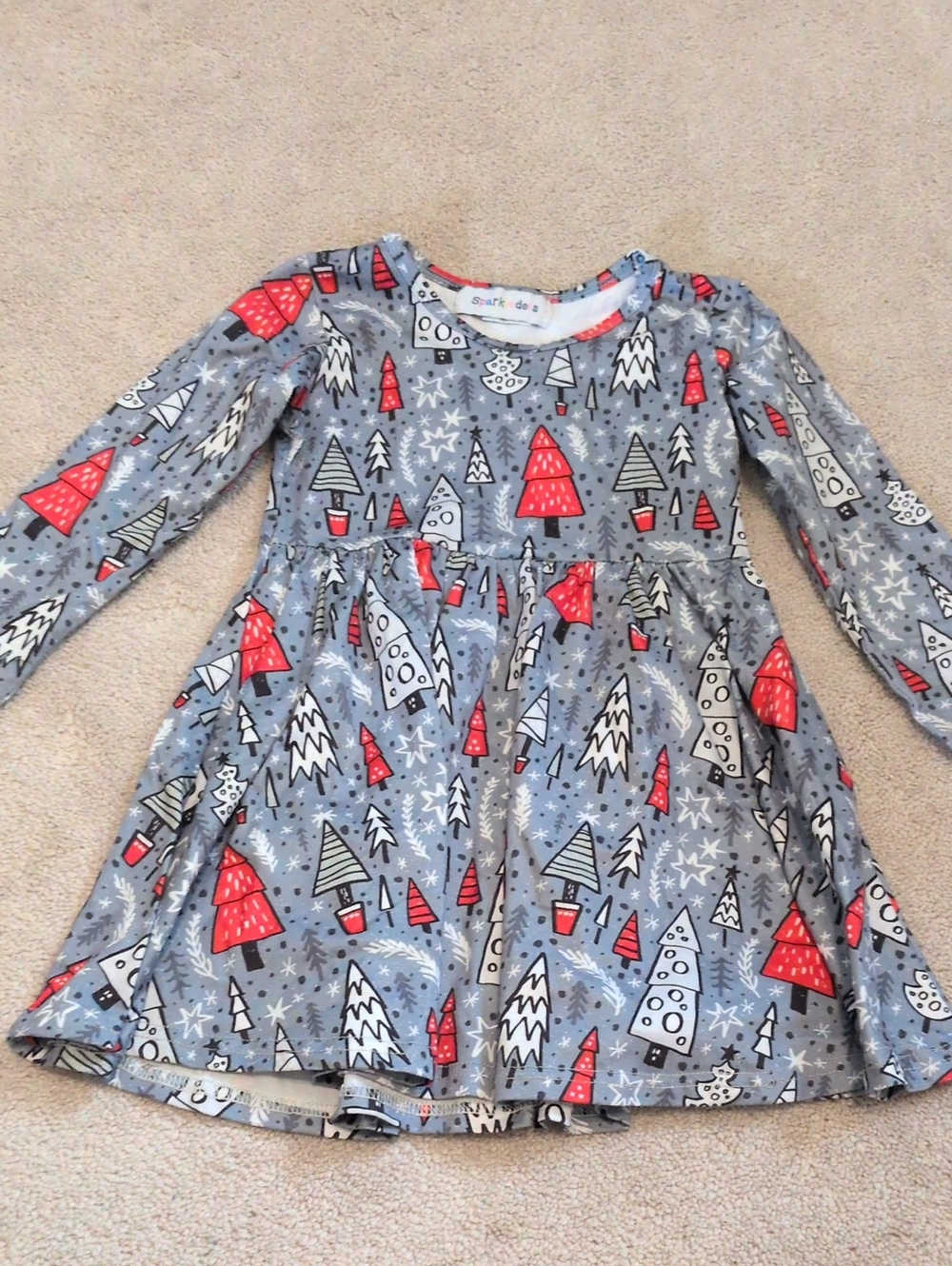 Sparkledots - Gray Holiday Tree Print Dress - Red & White Accents (4T)